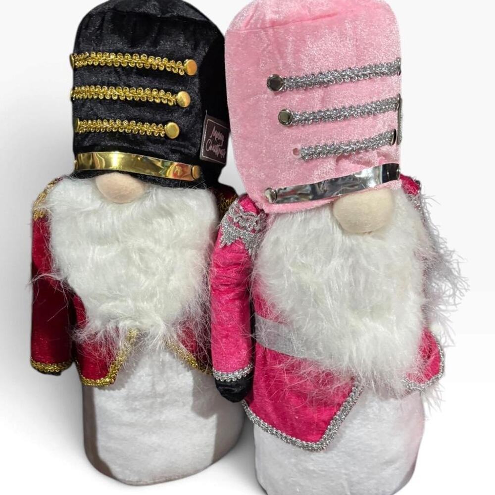 Pink Black Nutcracker Plush Dolls Gold Trim Christmas Holiday Decor Set of 2